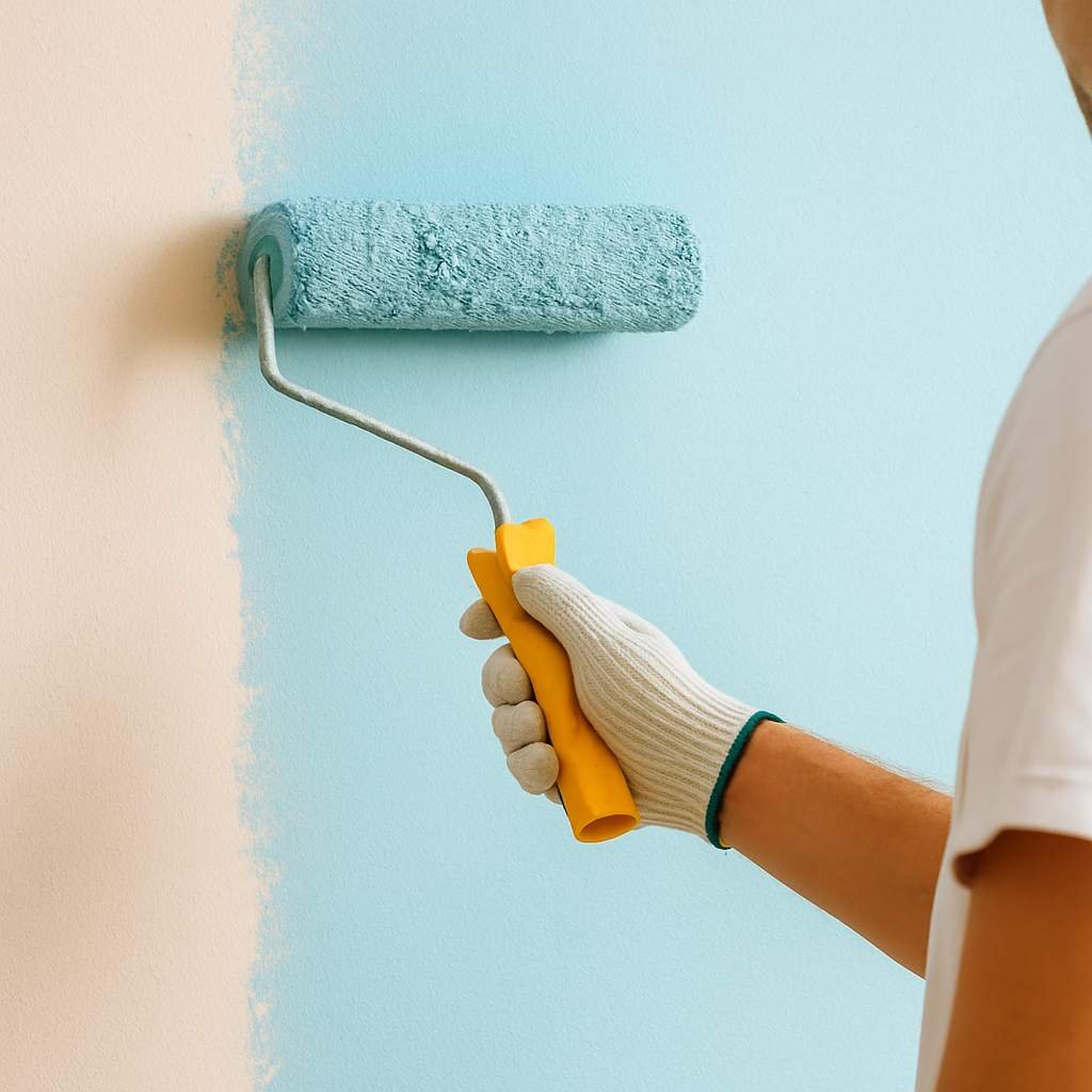 Gloved hand using a paint roller to apply light blue paint to an interior wall