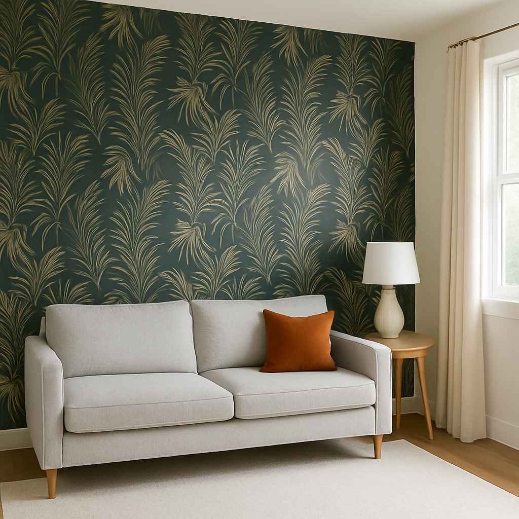 Living room with a single dark green accent wall featuring palm leaf wallpaper