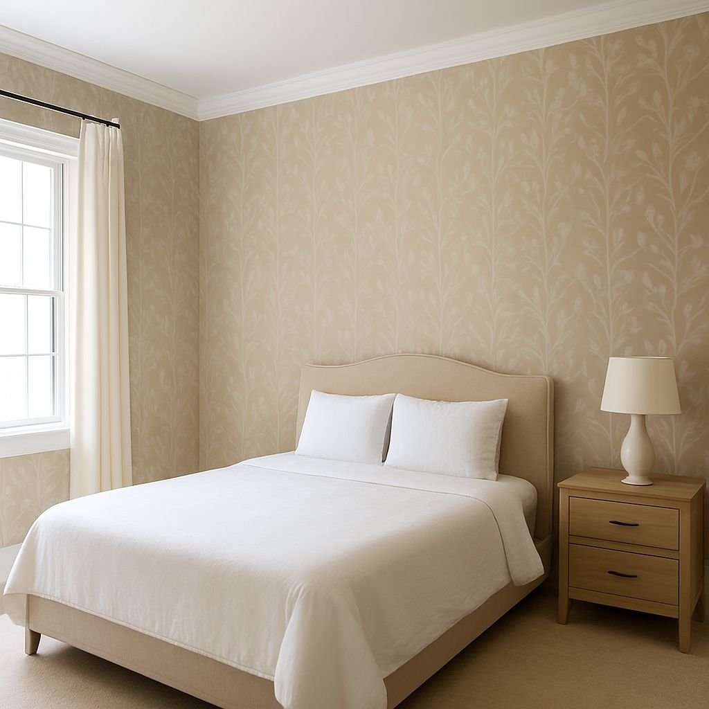 Bedroom with botanical wallpaper on all walls, light tones and matching decor